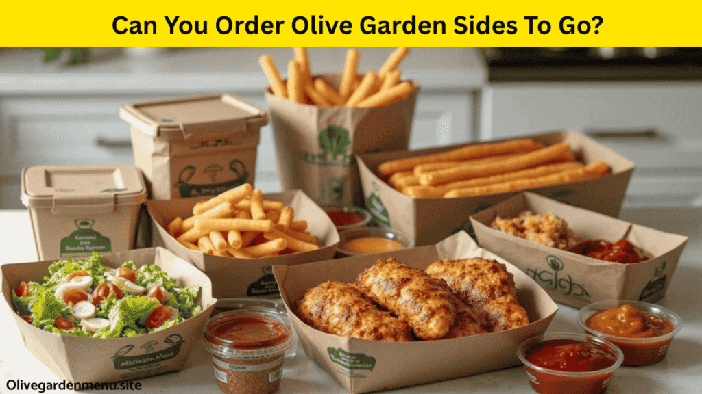 Takeout containers featuring items from the Olive Garden Sides Sauces Menu