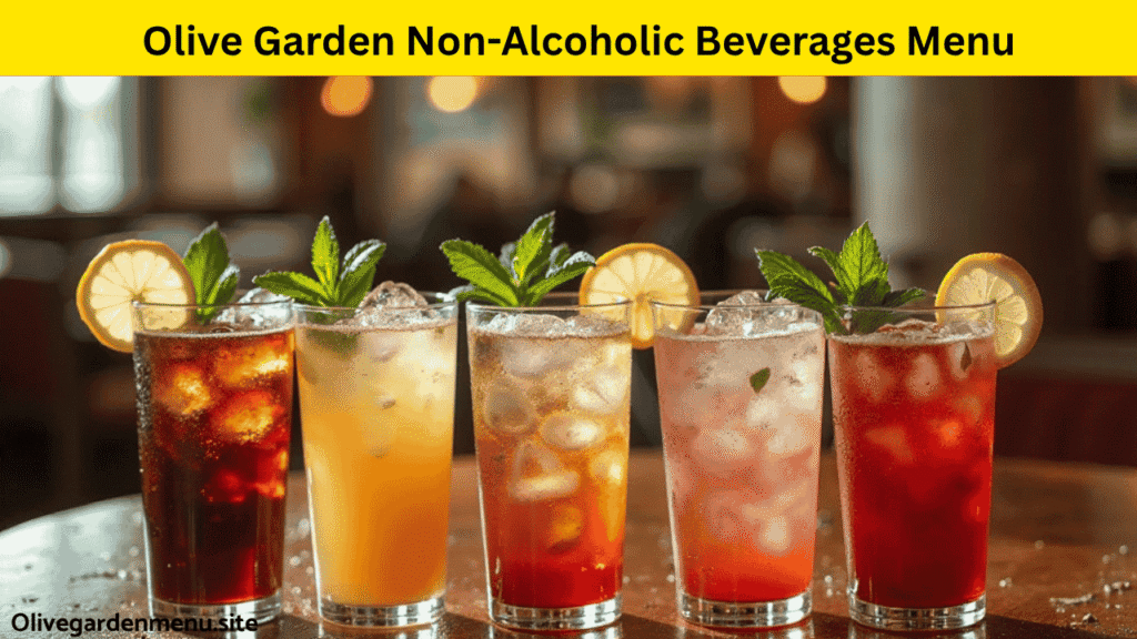 A selection of Olive Garden Non-Alcoholic Beverages Menus served at Olive Garden, including iced tea, lemonade, and Italian soda.