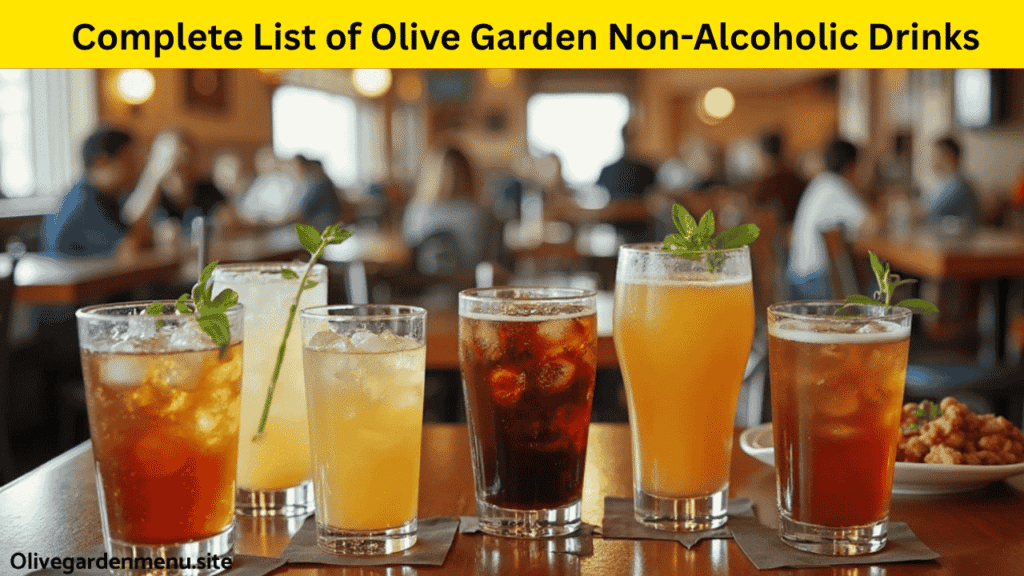A complete display of Olive Garden non-alcoholic drinks with iced teas, lemonades, sodas, and espresso.

