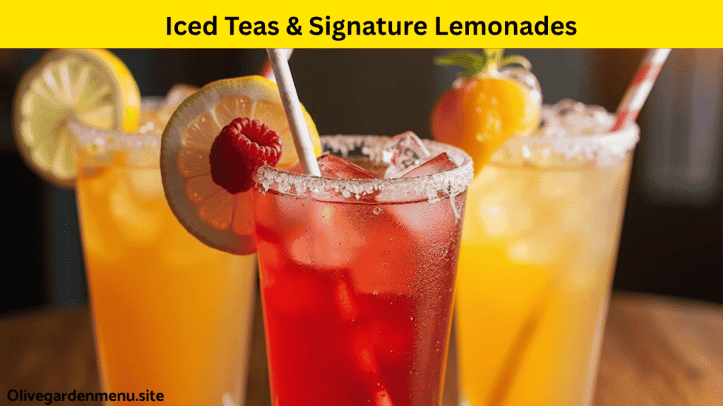 Signature iced teas and lemonades from Olive Garden topped with fresh fruit.