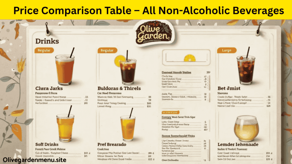 Olive Garden beverage prices by drink size and type in 2025.

