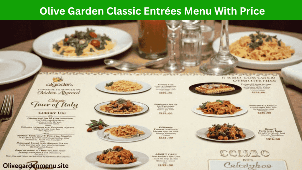 Olive Garden Classic Entrées with visible price tags in a menu layout.