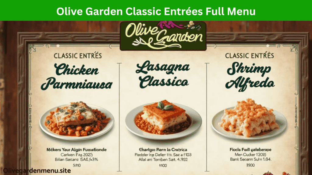 Modern digital menu board showing Olive Garden’s Classic Entrées.