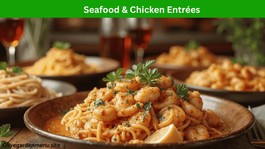 Shrimp Scampi and Chicken Marsala served with pasta.