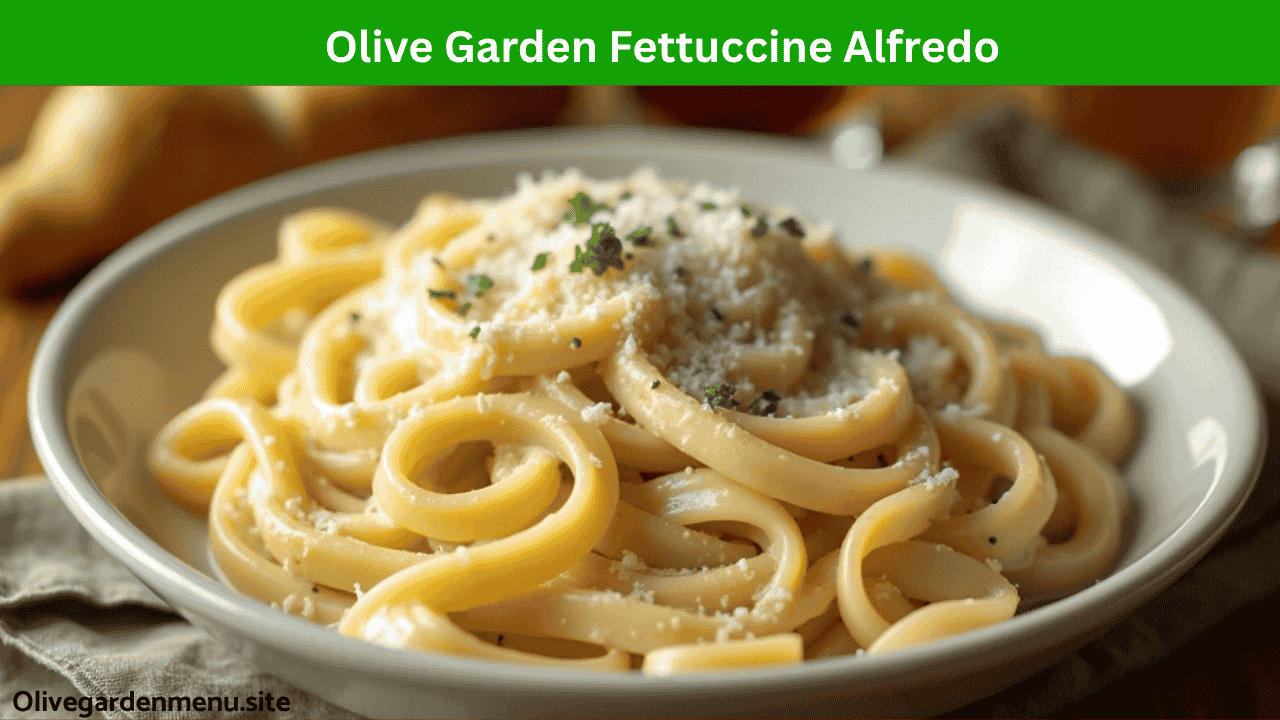 Creamy Fettuccine Alfredo served on a classic Olive Garden plate