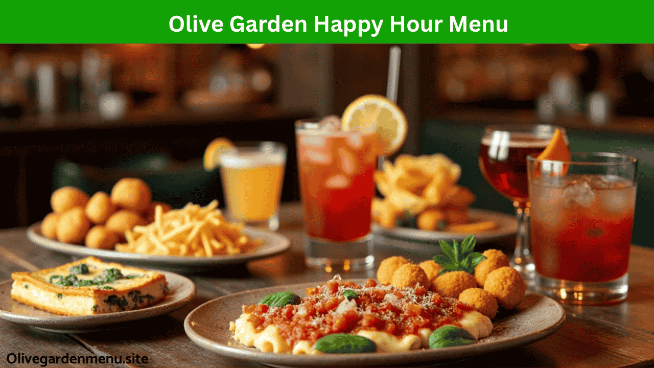 Cocktail, small plate, and appetizer spread at Olive Garden during happy hour