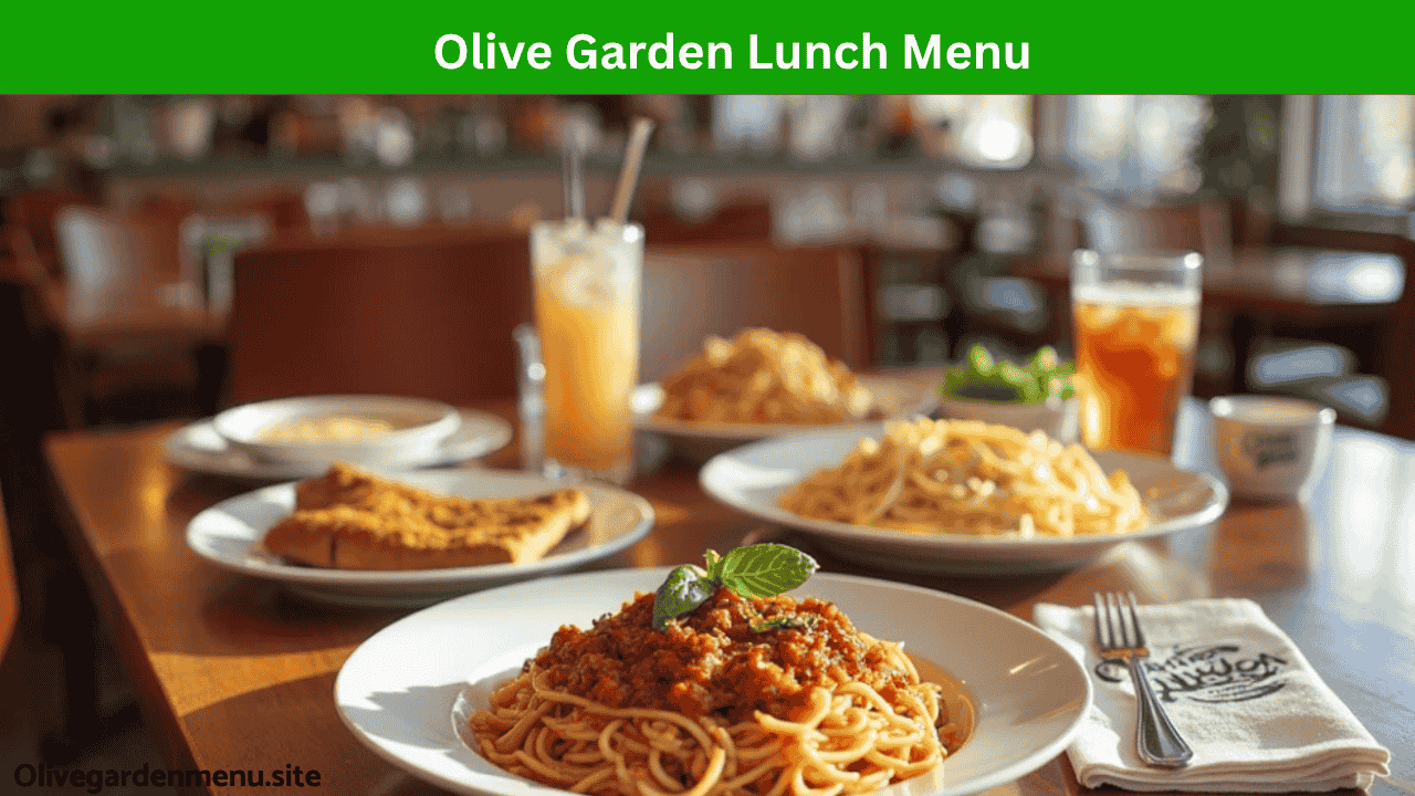 Olive Garden lunch entrees plated with soup, salad, and breadsticks