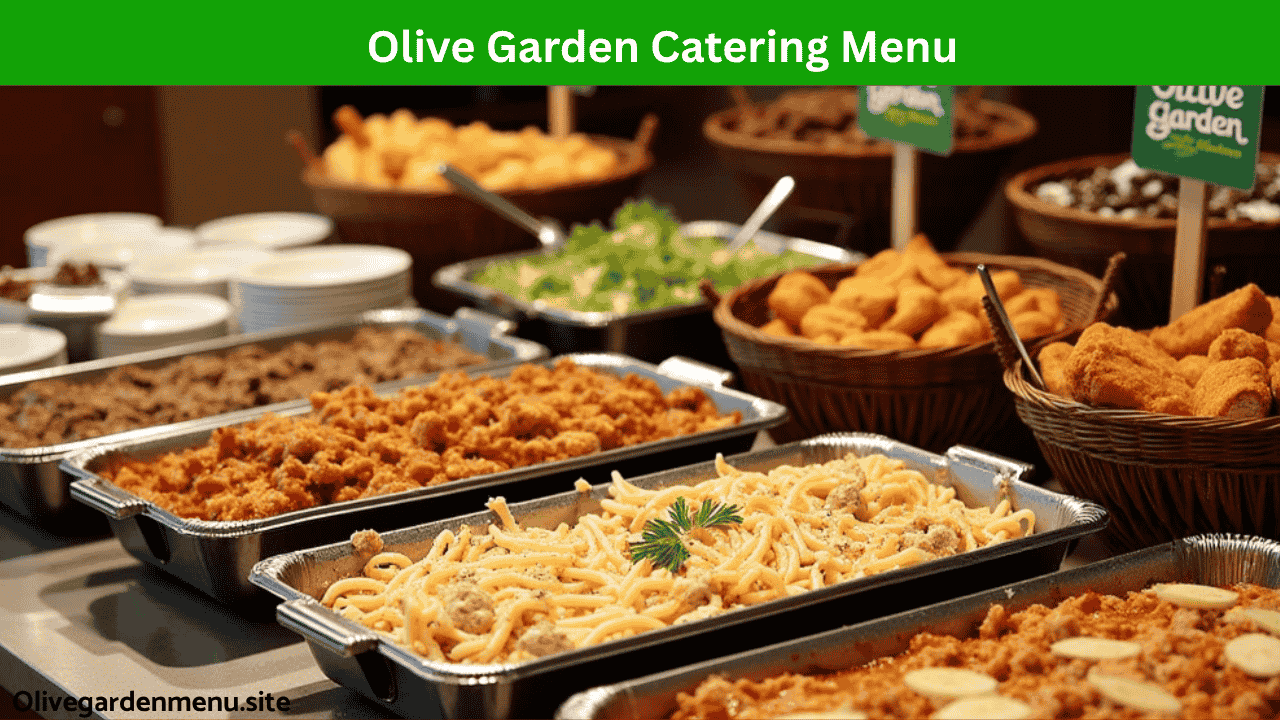Catering trays of pasta, salad, breadsticks, and desserts from Olive Garden