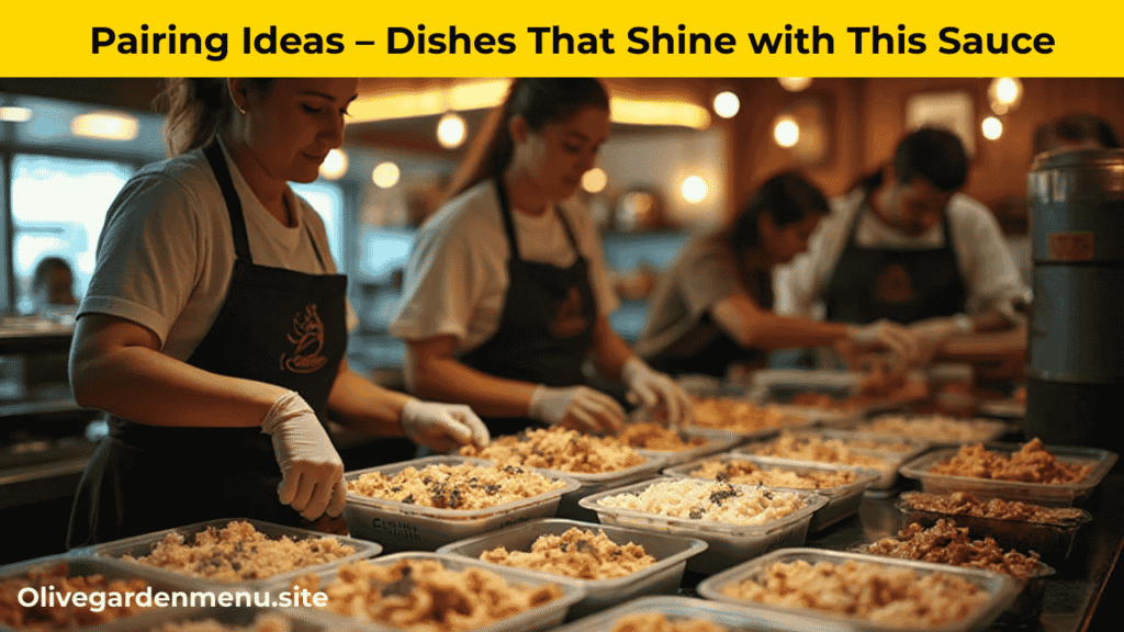 "Olive Garden staff carefully preparing leftover food for community donation."
