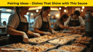 "Olive Garden staff carefully preparing leftover food for community donation."