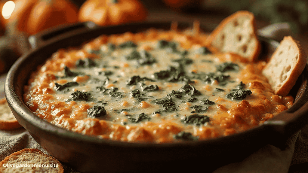 Warm spinach and artichoke dip served with slices of bread and crackers.