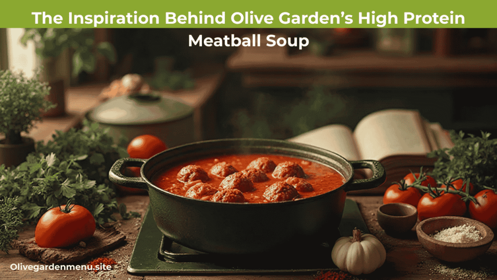 The Inspiration Behind Olive Garden’s High Protein Meatball Soup in a rustic Italian kitchen setting.