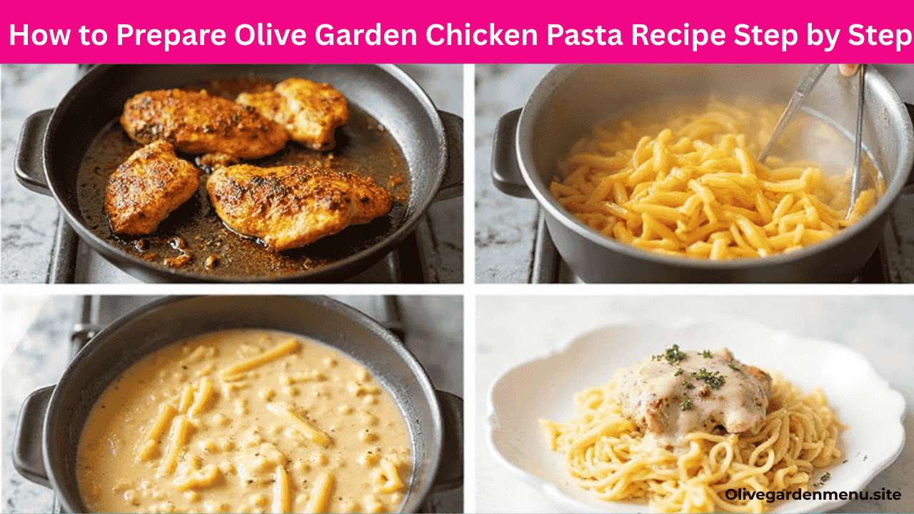 Step-by-step preparation of Olive Garden Chicken Pasta Recipe with chicken, pasta, and sauce.