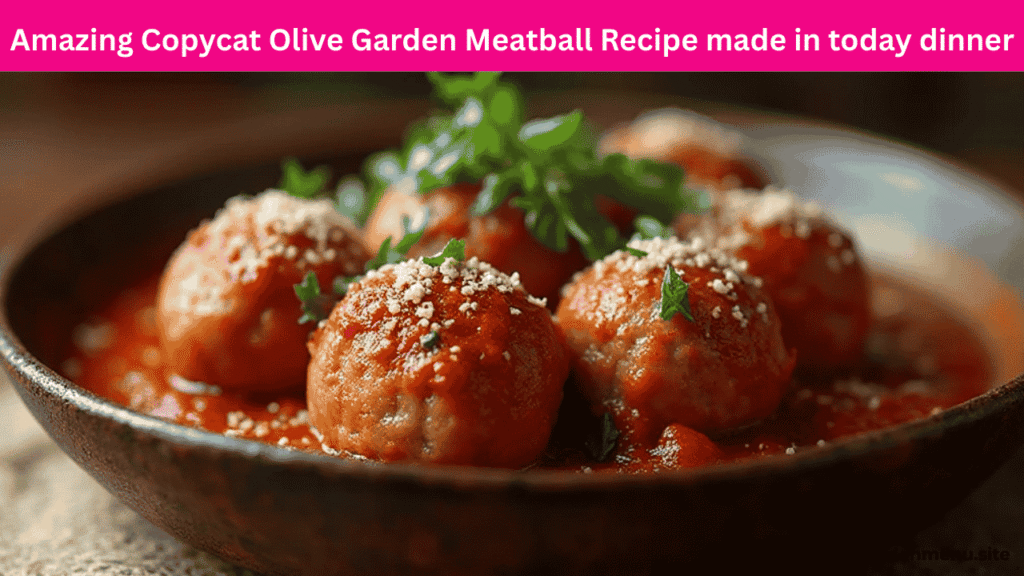 Hero shot of Olive Garden Meatball Recipe with marinara and parmesan