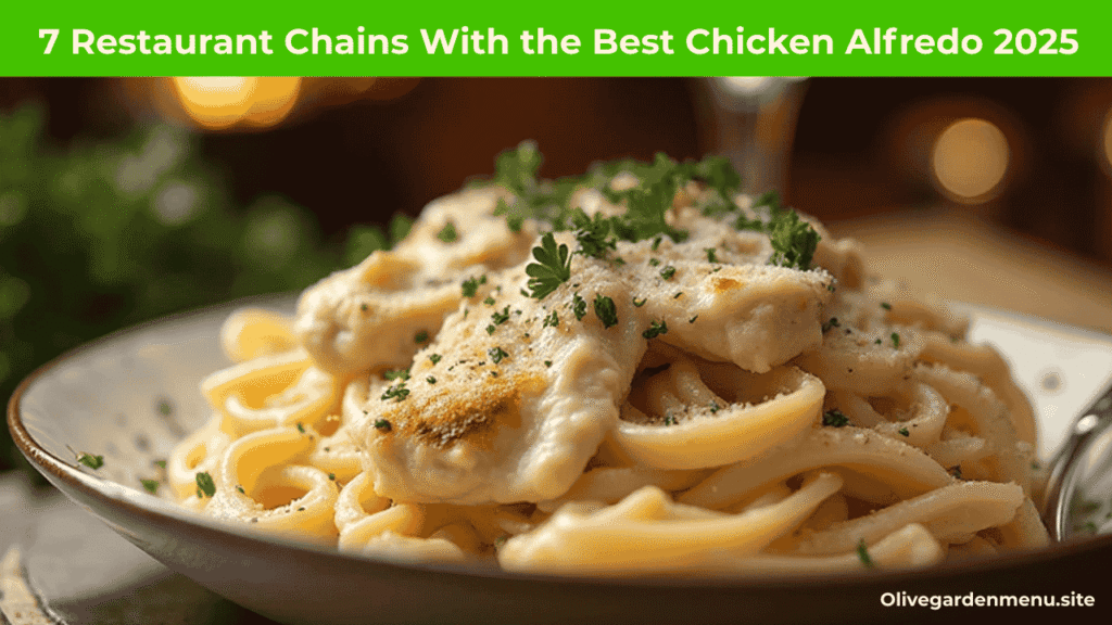 “Creamy Chicken Alfredo pasta served at top restaurant chains, showcasing the Best Chicken Alfredo in 2025 with fresh garnish and elegant plating.”