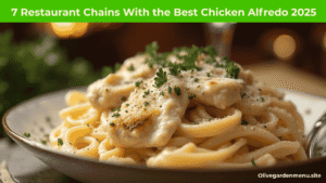 “Creamy Chicken Alfredo pasta served at top restaurant chains, showcasing the Best Chicken Alfredo in 2025 with fresh garnish and elegant plating.”