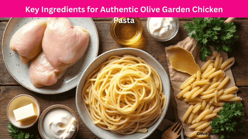 Key ingredients for Olive Garden Chicken Pasta Recipe including chicken, pasta, and Parmesan.