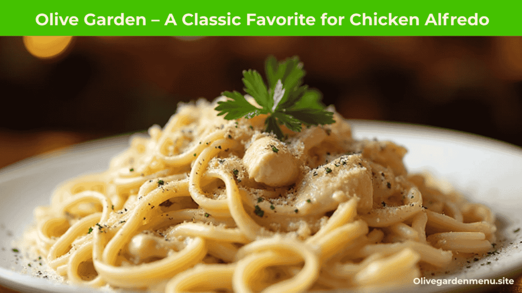 “Creamy Chicken Alfredo pasta at Olive Garden, showcasing the Best Chicken Alfredo with elegant plating and fresh garnish.”