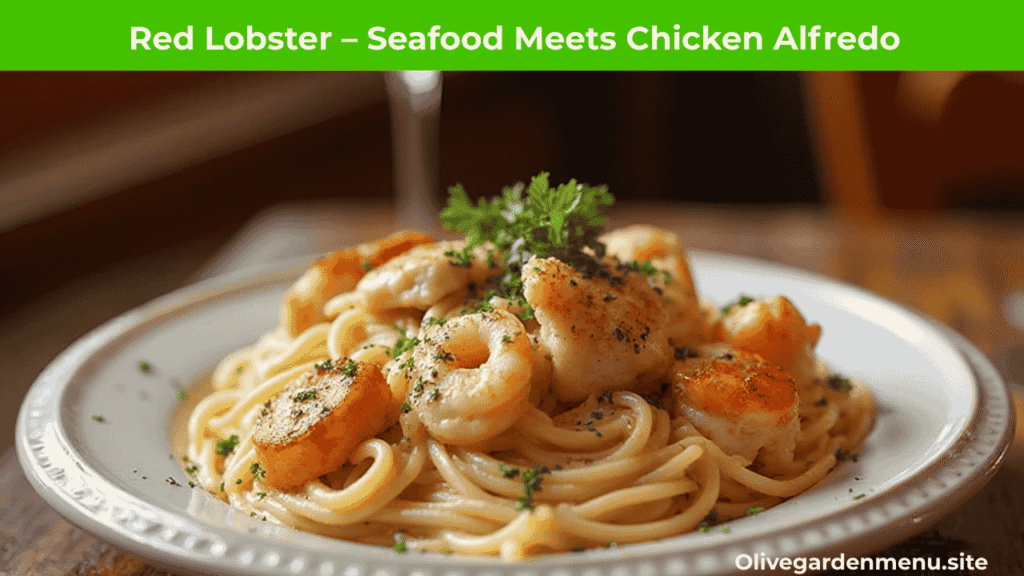 "Creamy chicken Alfredo pasta with lobster and shrimp at Red Lobster, showcasing the Best Chicken Alfredo."