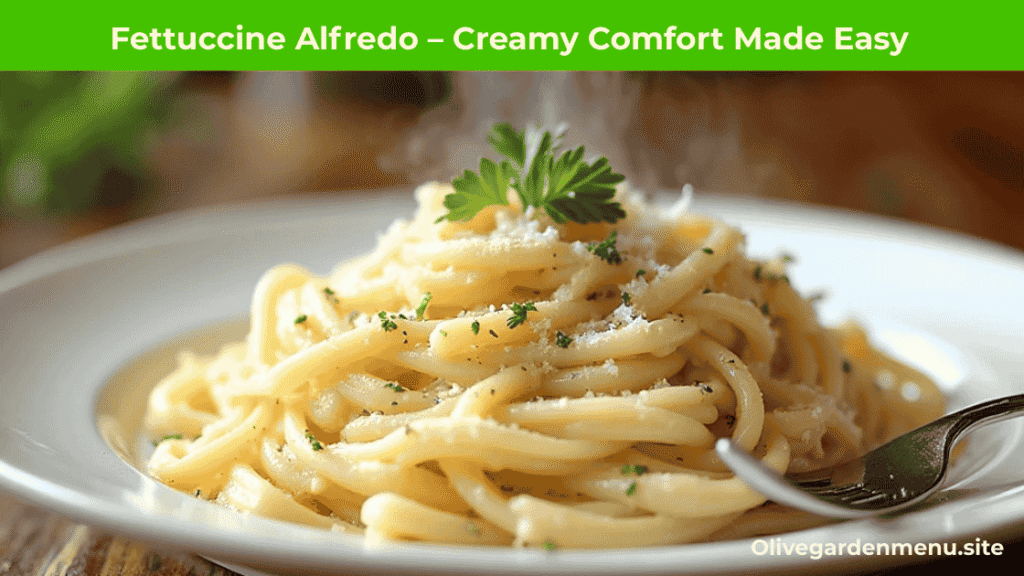 Fettuccine Alfredo pasta served hot with creamy sauce and Parmesan.