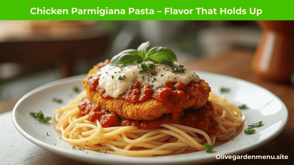 Chicken Parmigiana Pasta with melted cheese and marinara on spaghetti.