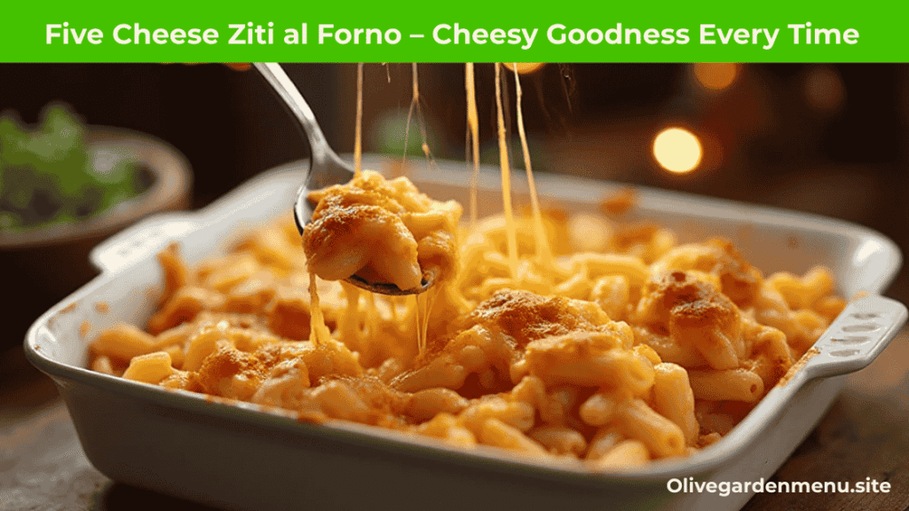 Five Cheese Ziti al Forno with golden baked cheese and rich tomato sauce.