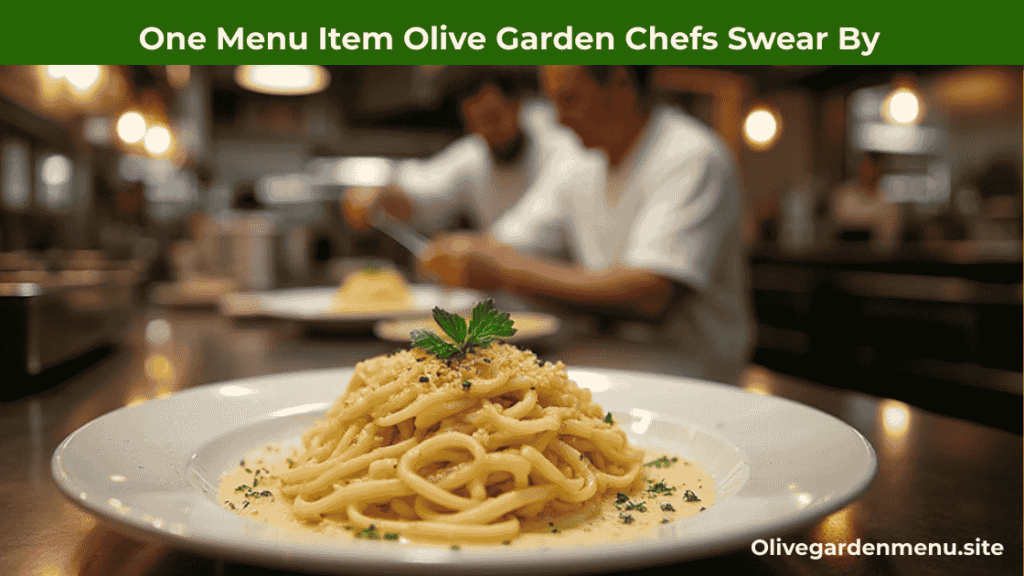 Olive Garden chefs preparing their signature Fettuccine Alfredo in the kitchen.
