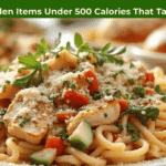 “Six Olive Garden items under 500 calories displayed on a table.”