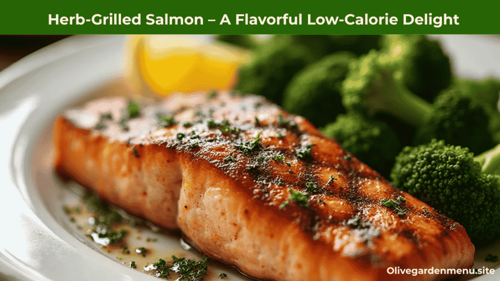 “Olive Garden herb-grilled salmon with broccoli under 500 calories.”