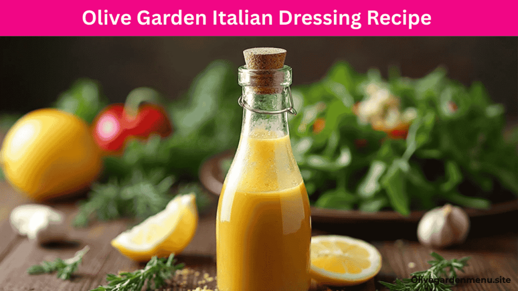 Homemade Olive Garden Italian Dressing in a glass bottle with herbs and salad.