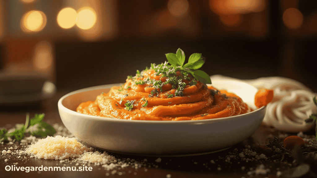 “Delicious Olive Garden Sauce served in a white bowl with herbs and Parmesan, capturing its creamy texture and rich flavor.”