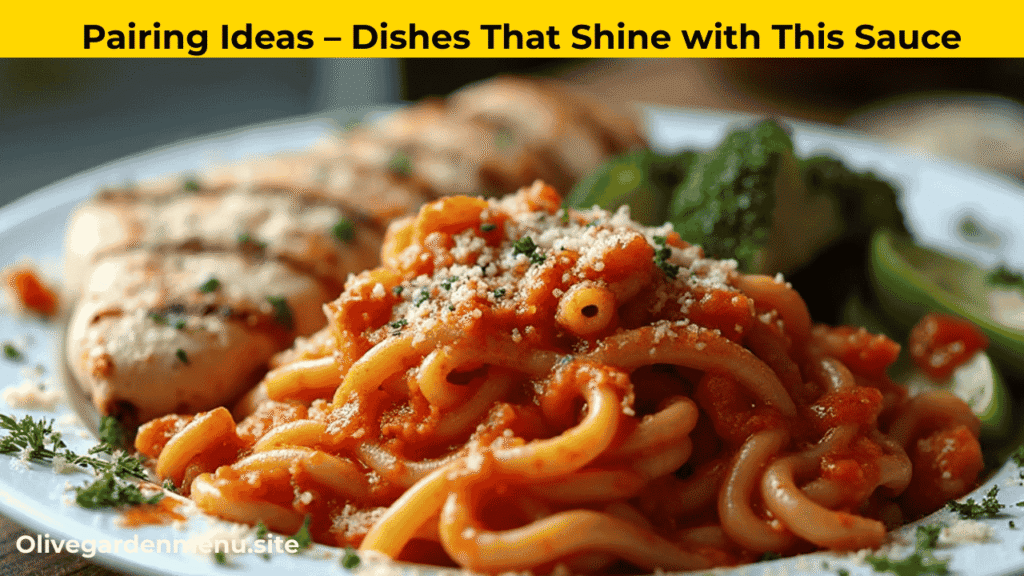“Olive Garden Sauce paired with pasta, grilled chicken, and vegetables, highlighting a creamy texture and flavorful combination.”