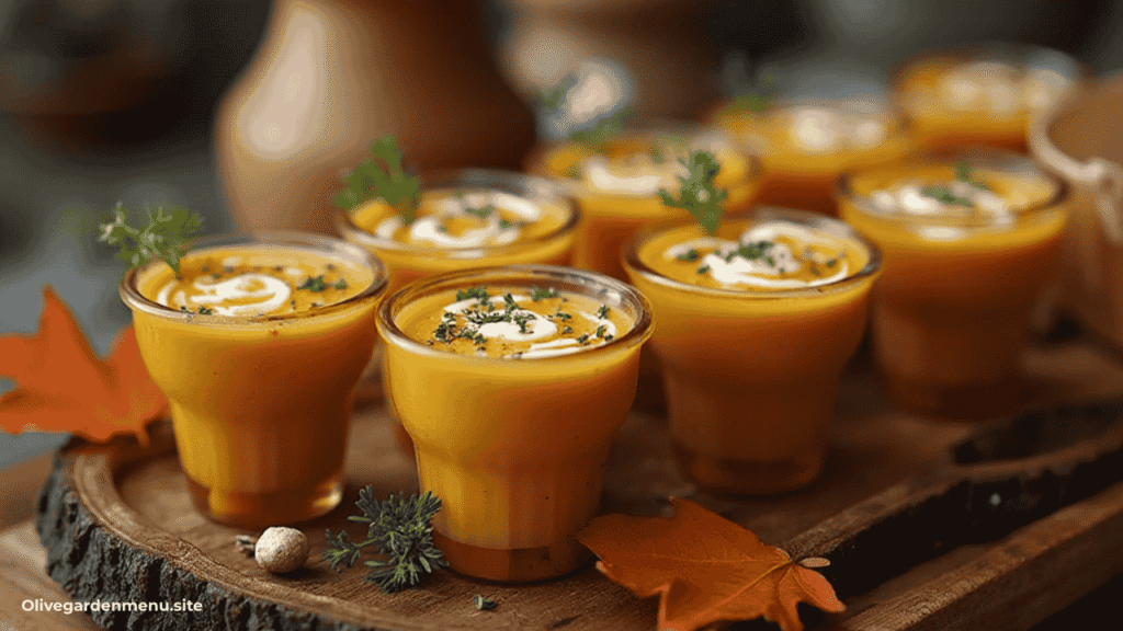 Butternut squash soup shooters served in elegant shot glasses with cream and herbs.