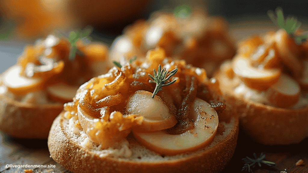 Caramelized onion and apple crostini topped with melted cheese and herbs.