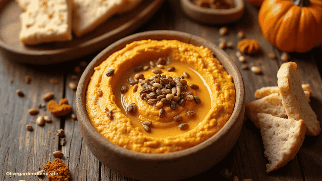 Pumpkin hummus served with warm pita bread and garnished with pumpkin seeds.