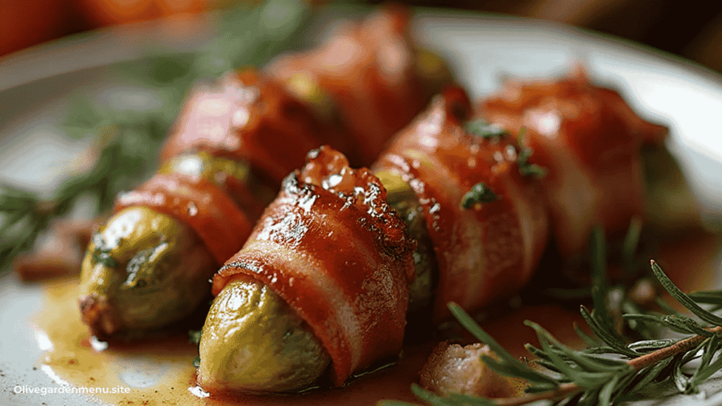Maple glazed bacon-wrapped Brussels sprouts served on a rustic platter.