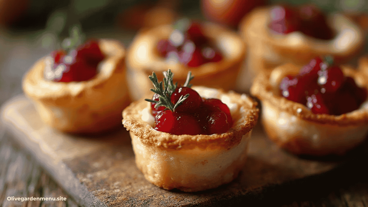 Cranberry Brie bites in puff pastry cups topped with fresh cranberries and herbs.