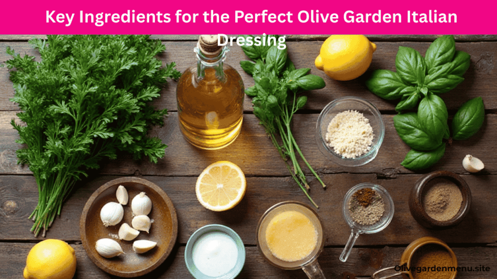 Key ingredients for Olive Garden Italian Dressing on a wooden table.