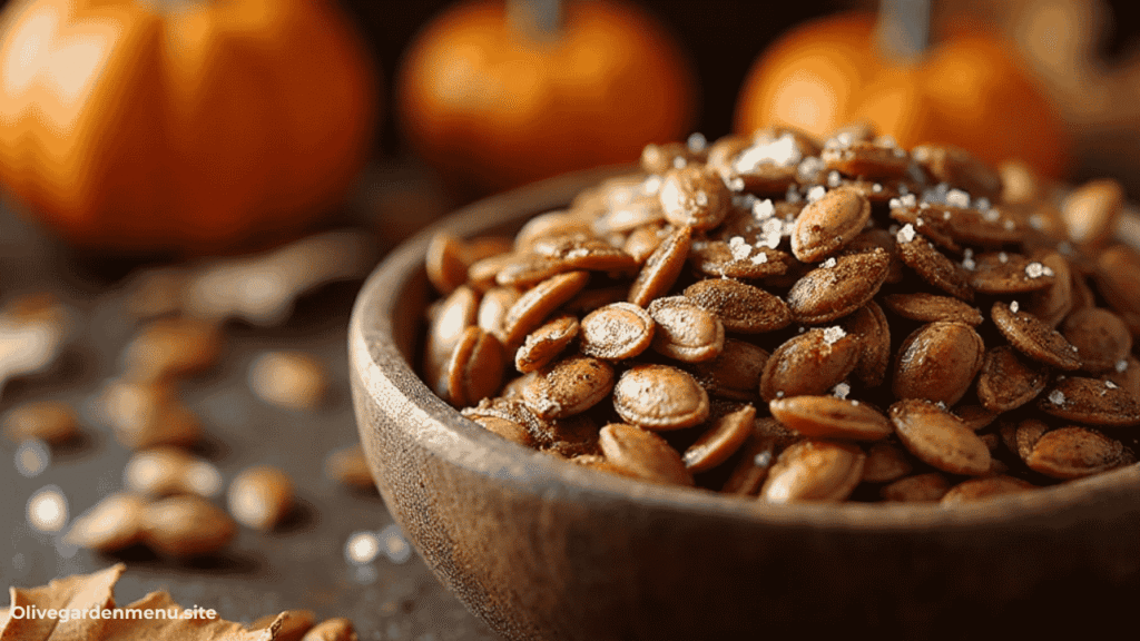 Spiced roasted pumpkin seeds served in a rustic bowl for fall snacking.