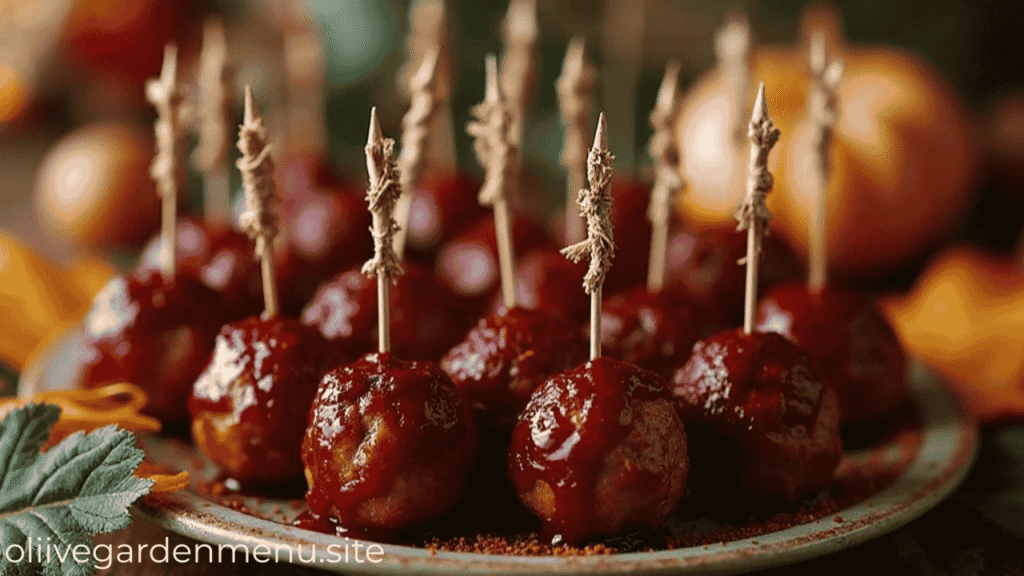 Mini turkey meatballs glazed with cranberry sauce, served on a festive platter.