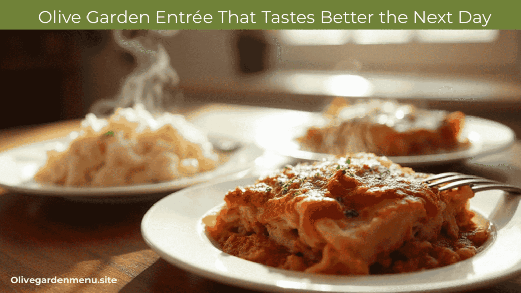 Reheated Olive Garden entrée with Chicken Alfredo and Lasagna, looking fresh and flavorful.