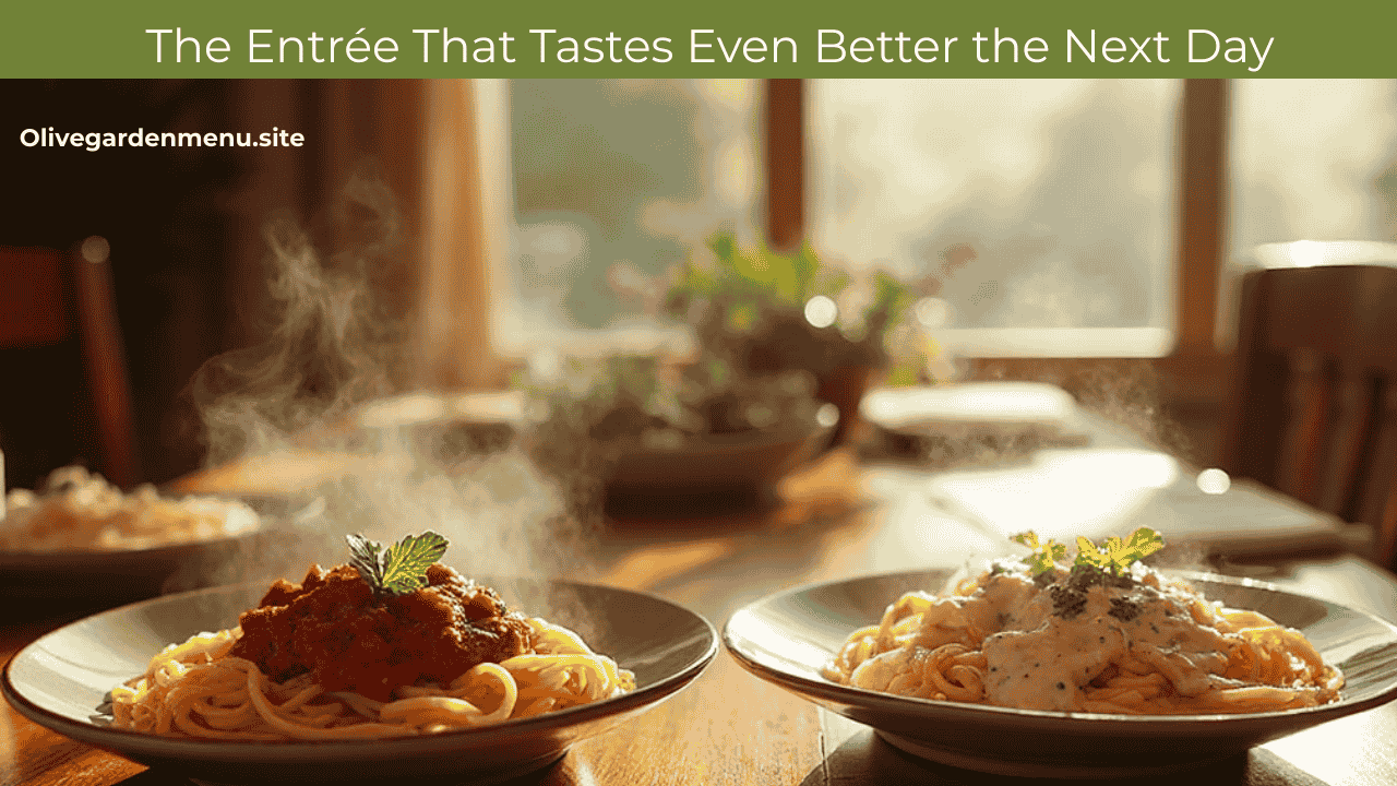 Olive Garden entrée leftovers of spaghetti and Alfredo reheated to perfection.