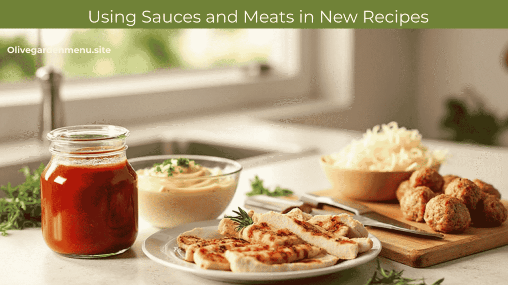 Olive Garden sauces and meats displayed for creating new Italian recipes.