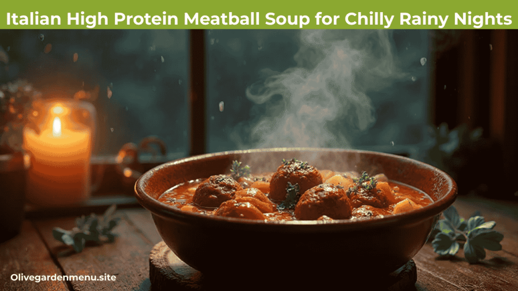 Cozy Italian High Protein Meatball Soup on a rainy night with fresh herbs and vegetables.
