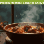 Cozy Italian High Protein Meatball Soup on a rainy night with fresh herbs and vegetables.
