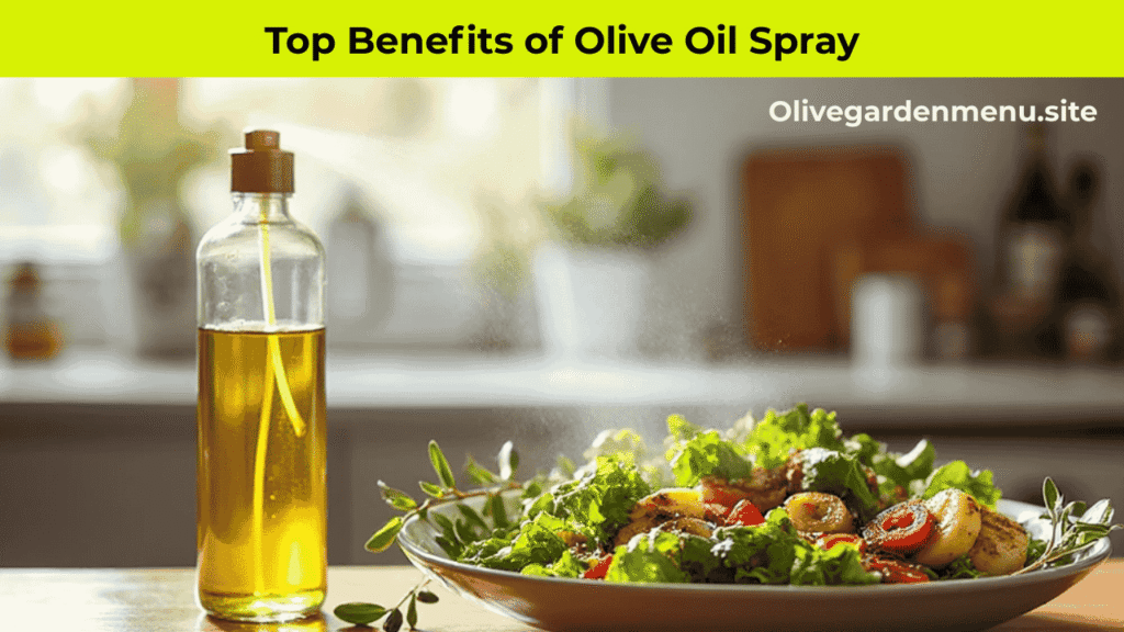 Olive Oil Spray bottle used over salad and vegetables in a bright modern kitchen.