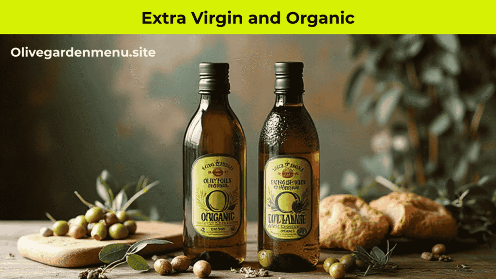 Olive Oil Spray bottles labeled Extra Virgin and Organic placed on a rustic wooden table.