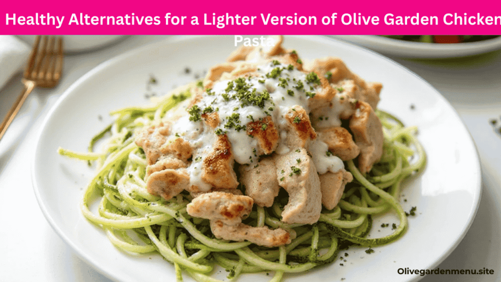 Healthy Olive Garden Chicken Pasta Recipe with zucchini noodles and light Alfredo sauce.