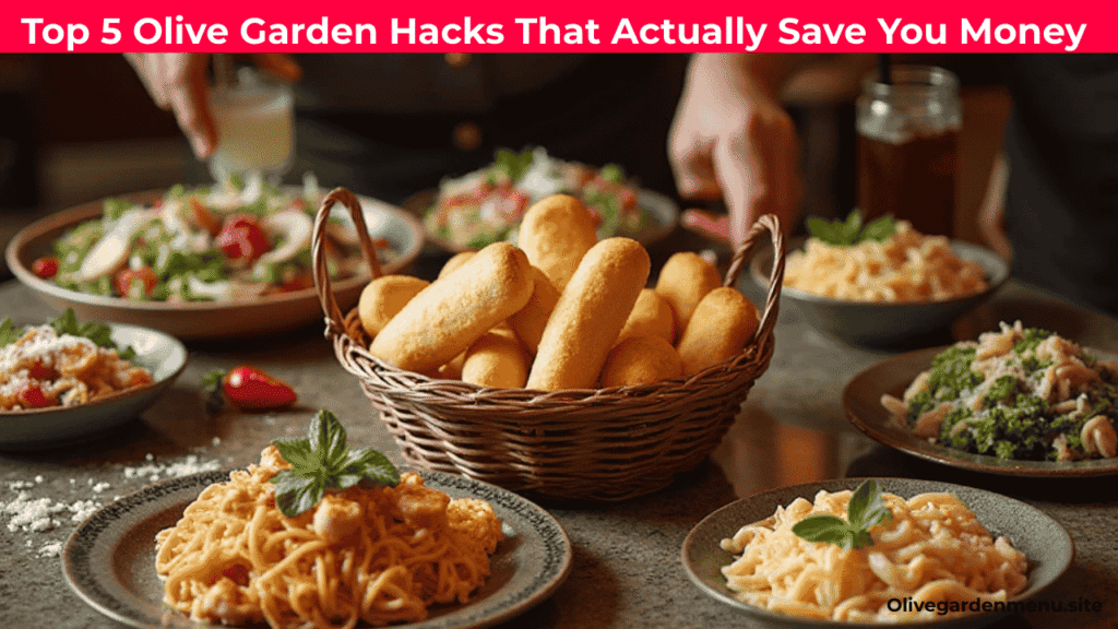 Olive Garden table with pasta, salad, and breadsticks showcasing money-saving hacks 2025.