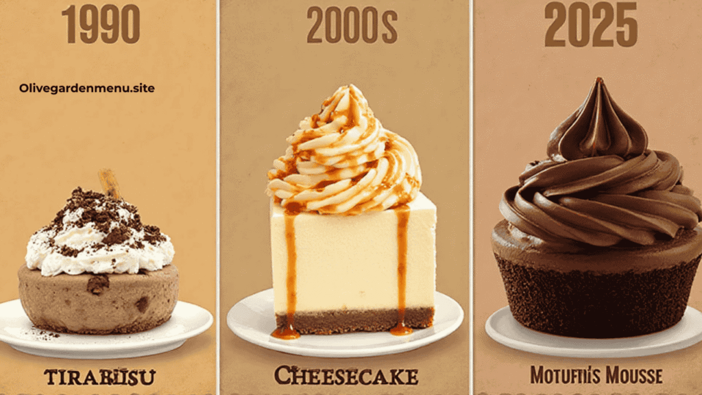 Evolution of Olive Garden Desserts from traditional tiramisu to modern chocolate mousse.